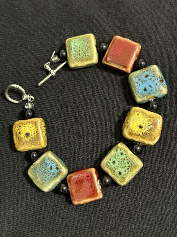 Vintage Artisan Studio Pottery Tile Bracelet Boho Ceramic Beaded Toggle Clasp 8”