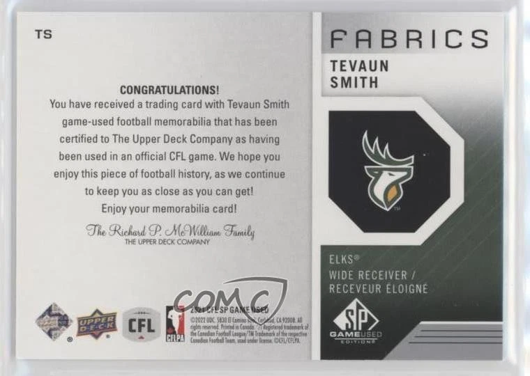 2021 SP Game Used Edition CFL Fabrics Tevaun Smith #TS - Image 2 of 2