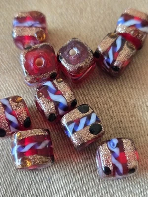 Lot Of 10 Vintage Murano-Style Lampwork Glass Beads, Square, Red, 11x10mm - image 1 of 4
