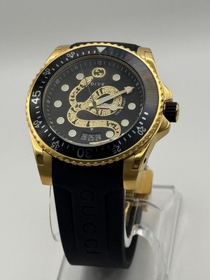 Gucci Dive Black Dial Gold-Tone Rubber Strap 45mm. Men's Watch