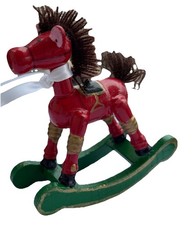 Vintage Christmas Ornament Red Wooden Rocking Horse Fluffy Tail Mane 4  