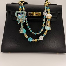 Blue Heart Key Bag Charm Crystal Beaded Purse Charm Rhinestone Keychain Gold