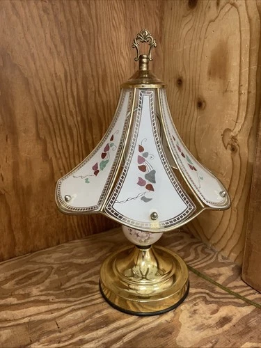 Vintage Brass Tone M Floral 3 Way Touch Lamp, 6 Panel Ceramic