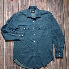 Vintage Wrangler Blue Denim Pearl Snap Long Sleeve Size Medium Western Wear