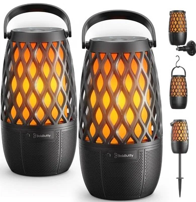 BOLABUTTY set of 2 tiki torch style lights with bluetooth speakers, link up to 100 speaker
