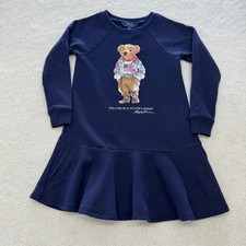 Polo Ralph Lauren Bear Fleece Sweatshirt Dress Girls Small 7 Blue Long Sleeve