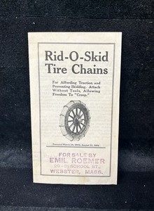 Early 1900's Rid-O-Skid Tire Chains Advertising ~ Emil Roemer, Webster, MA