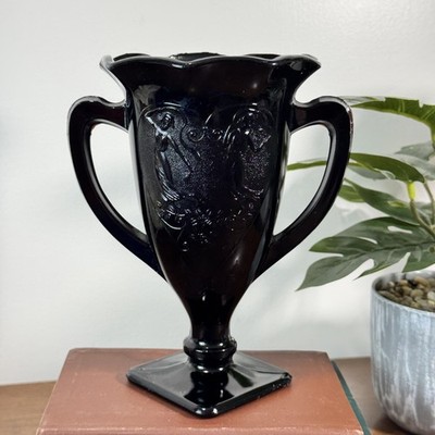 L.E. Smith Black Amethyst Glass Dancing Nymphs Trophy Vase 1930s Vintage