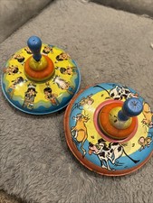 2 Vintage Tin Toy Tops 1950's OHIO ART CO 7 Inch