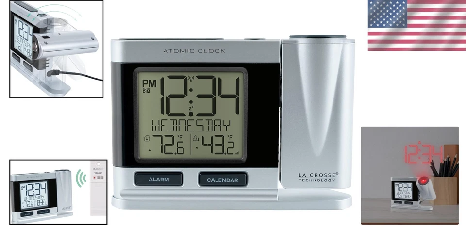 Digital Silver Atomic Projection Alarm Clock Indoor Outdoor Temp Calendar - Image 2 of 4