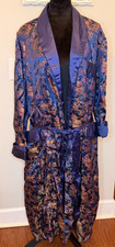 Vintage Navy Satin Asian Embroidered Smoking Jacket Robe 50 Longevity China