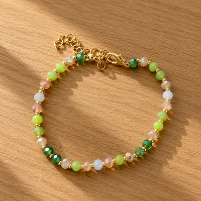 Bracelet femme perles rondes facettées vert pastel réglable fait main doré - Photo 1/2