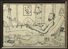 Vintage Outsider Art-Artist Convalescing in Bed, Signed (Ink on Paper)