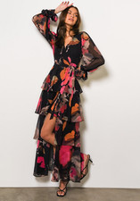 HUTCH NWT $326 Bardot Tiered Maxi Wrap Dress - Black Romantic Watercolor S