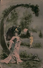 B578 Alphabet letter  C  fantasy glamor beauty lady holding umbrella 1900s