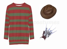 Boys Freddy Costume Jumper Glove Hat Children Krueger Halloween Fancy Dress
