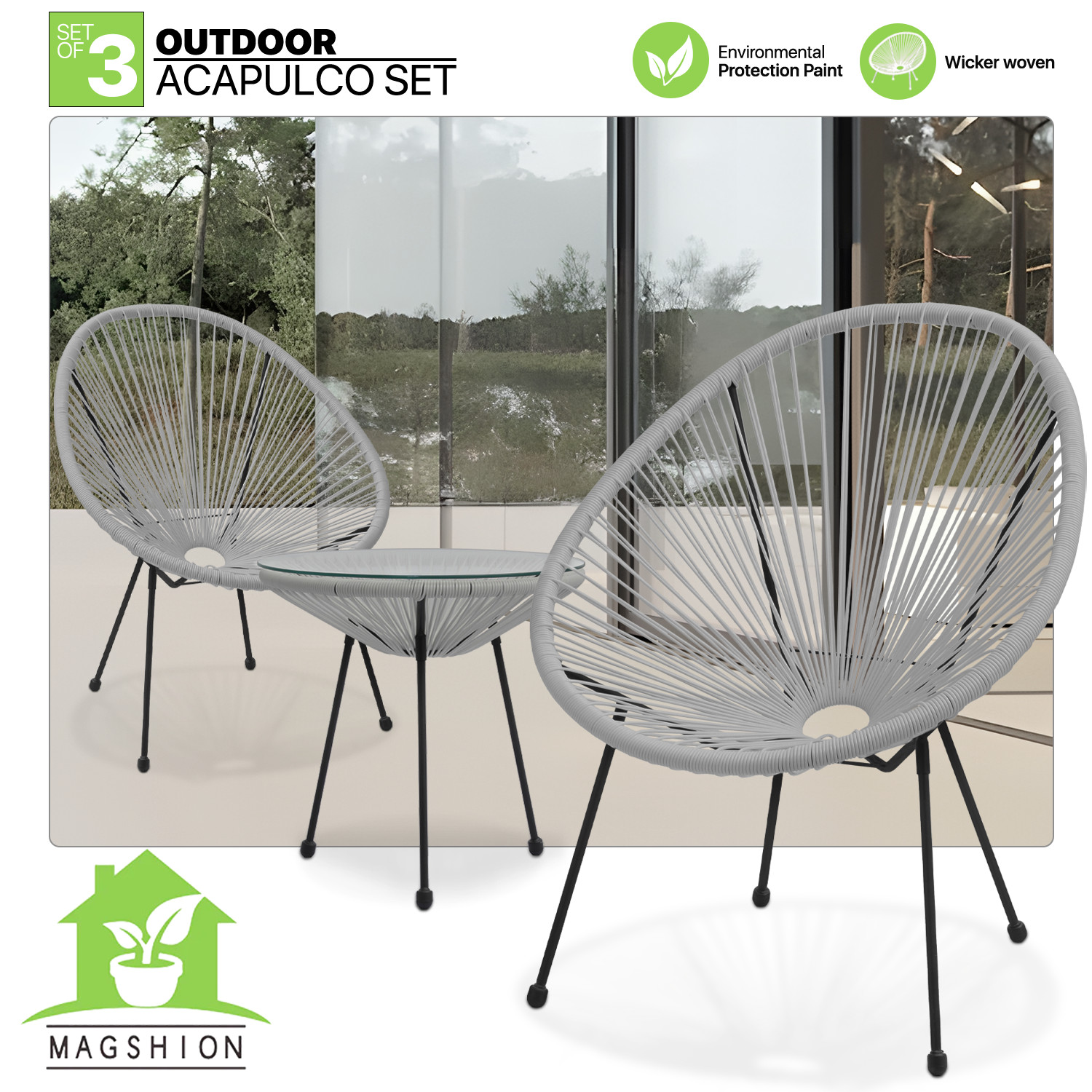 3 Pieces Outdoor Acapulco Chair Tempered Glass Table Bistro Set Patio Furniture