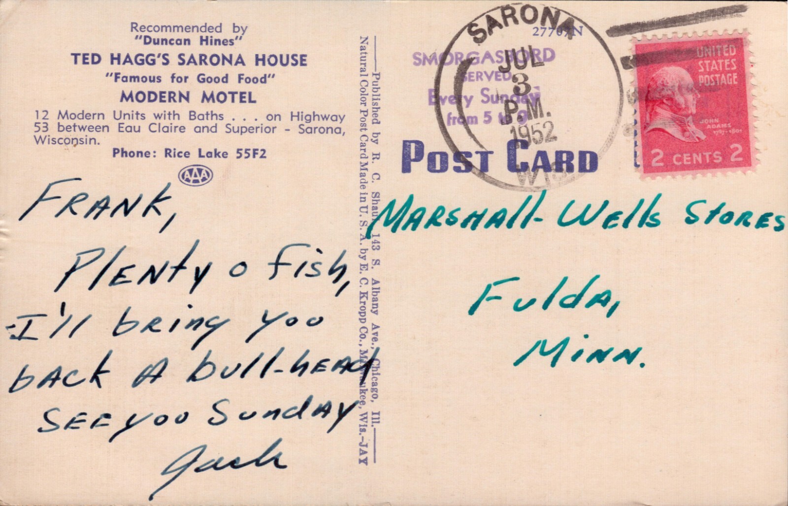 Vintage Postcard Ted Haggs Sarona House & Motel Sarona Wisconsin 1952 Rice Lake eBay