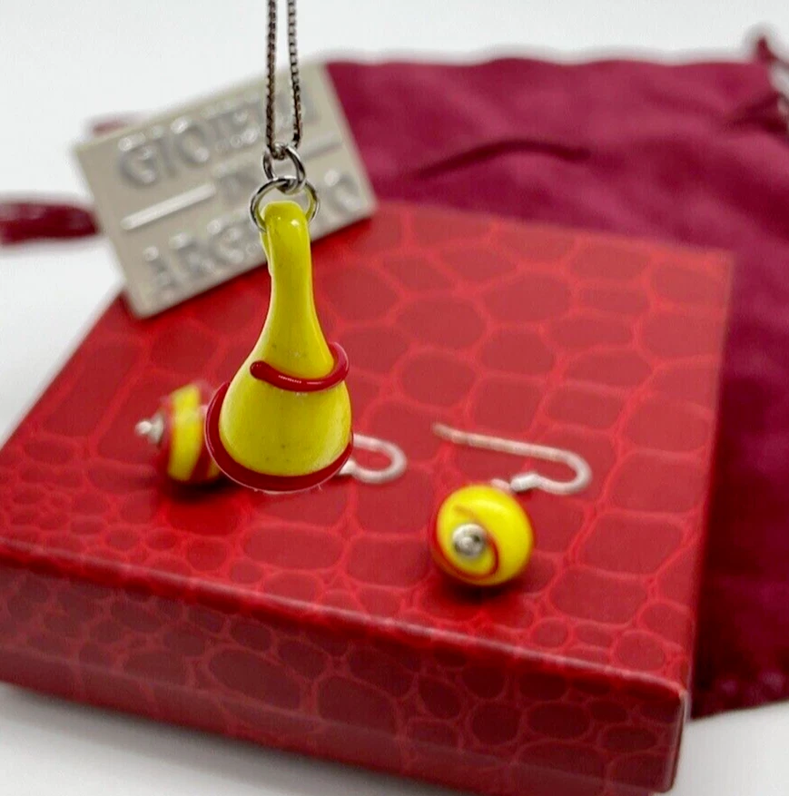 PARURE COLLANA ORECCHINI DI MURANO IN PERLE GIALLO ROSSE PENDENTI ELEGANTE DONNA - Immagine 2 di 4