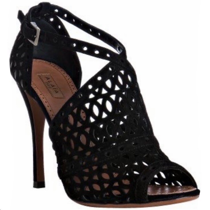 Azzedine Alaia laser-cut perforated black suede open toe sandal