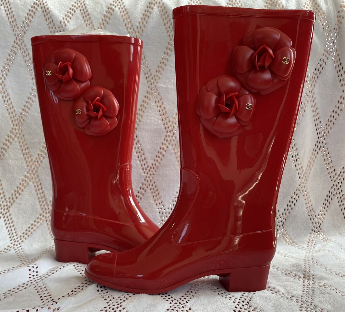 CHANEL Glossy Red Rubber Camellia Flower CC Cap Toe Heel Tall Rain Boots 41