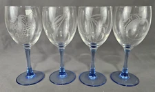 4 Luminarc Blue Stem Whine Glasses 7.25"T Etched Fruit Cherry Peach Pear Grape💙