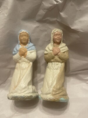 Vintage Chalkware Plaster Nativity Mary 2 Blue Brown White Midcentury 