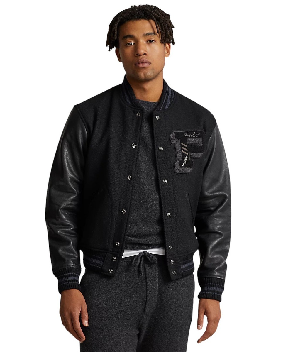 Polo Ralph Lauren Black Wool Leather Iconic Letterman