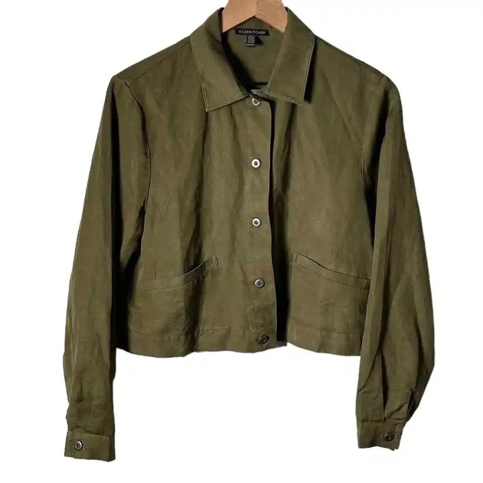 NEW Eileen Fisher Lightweight Cropped Olive Button Down Jacket