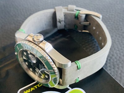 19mm Thick GRAY Crazy Horse Leather Watch Straps Quick Release GREEN stitch