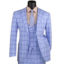 BIG  TALL Men's Light Blue Windowpane 3pc Stretch Modern Fit Suit NWT