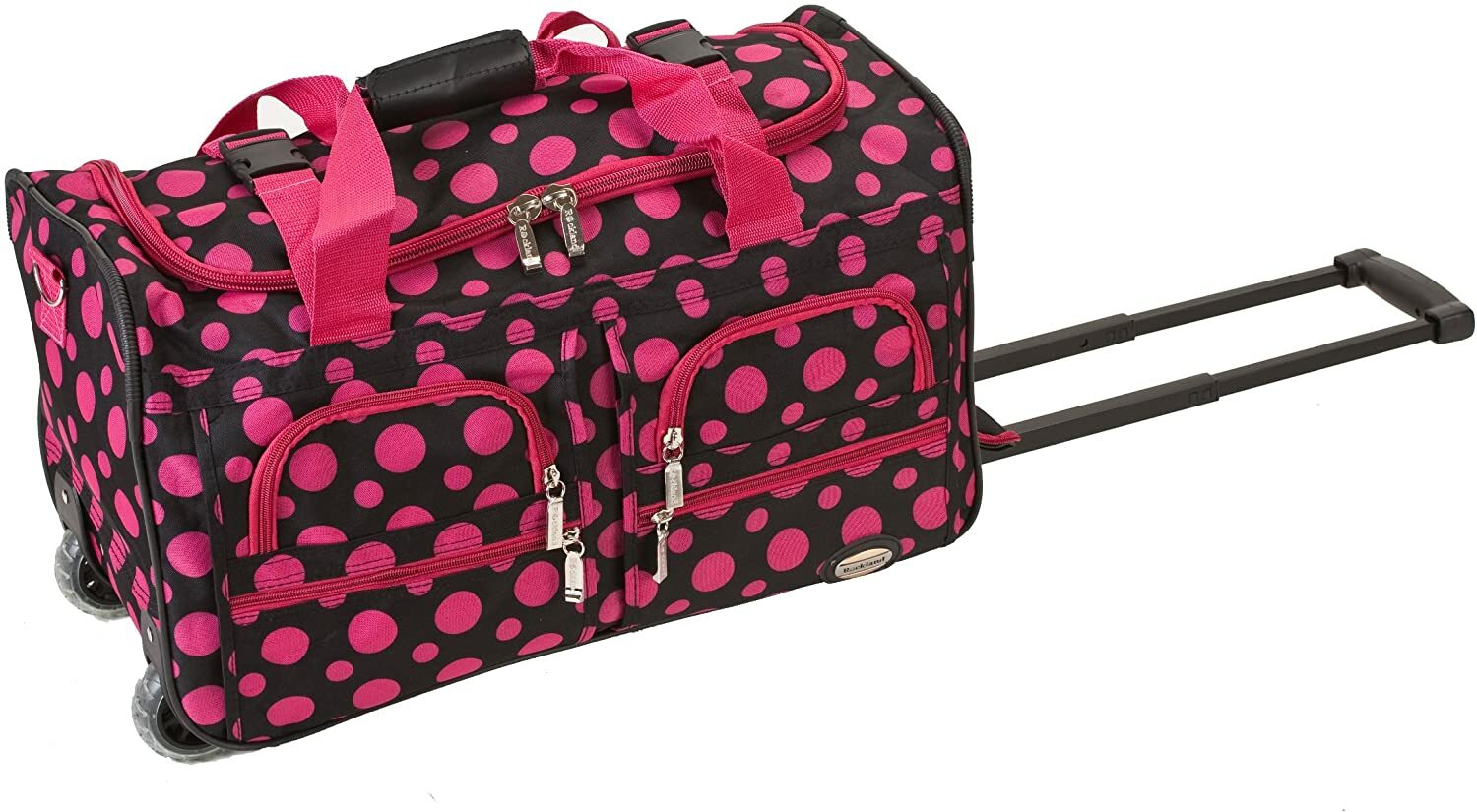 Carry On Travel Duffel Bag Rolling Handle Black and Pink Pol