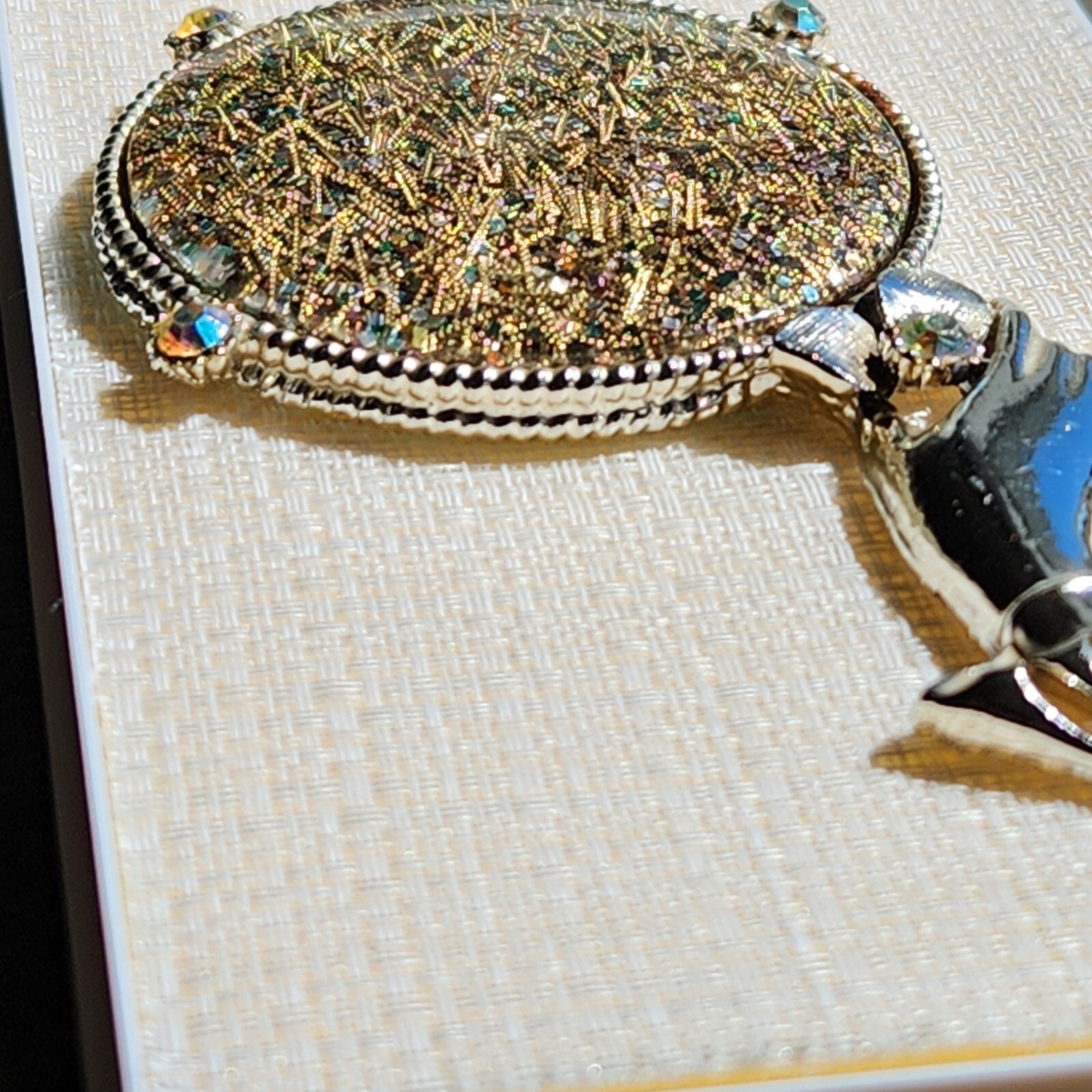 Vintage  Miniature Silver Glitter Rhinestones Hand Mirror 4”