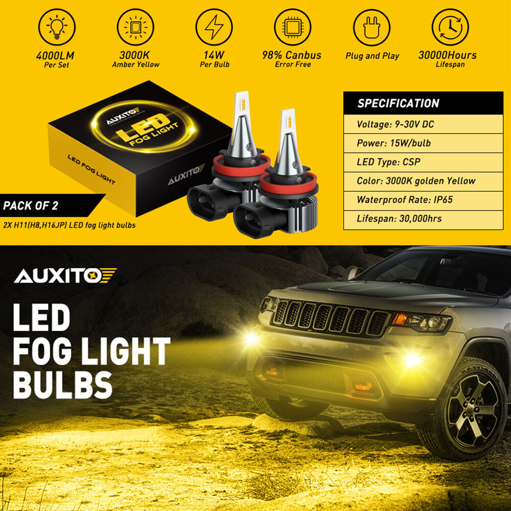 AUXITO H11 H8 LED Driving Fog Light Bulb Super Bright 4000LM Golden Yellow