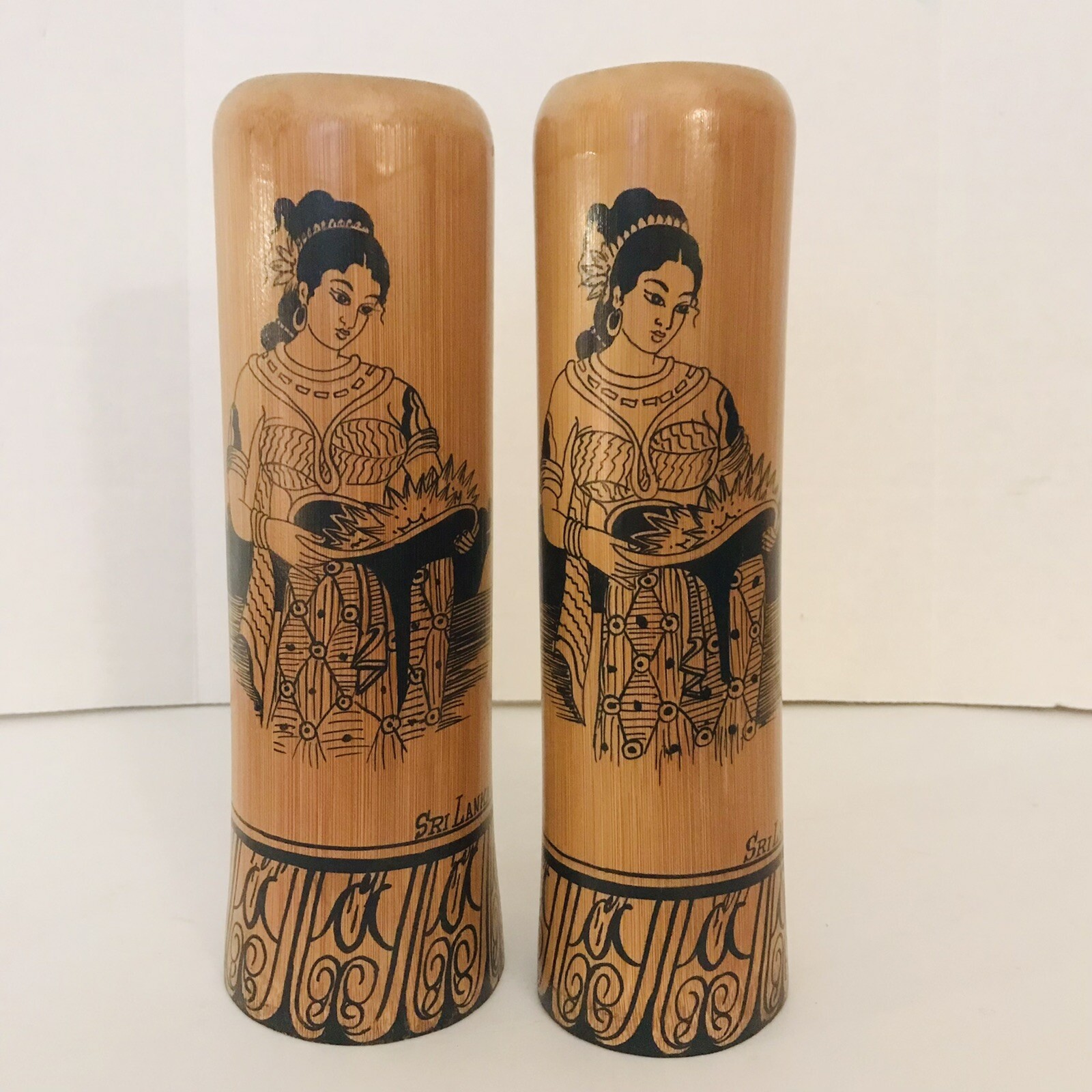 Vtg Real Bamboo Sri Lanka Vases (2) With Black Inked Native Woman Scene 9". eBay
