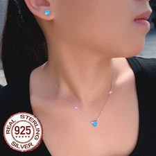 Gorgeous Blue Heart Opal Earrings Necklace Women 925 Sterling Silver Jewelry Set