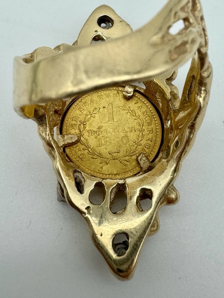 Vintage Unique One Dollar Gold Coin Ring 1850 Nugget Ring With Diamonds - Image 4 of 4