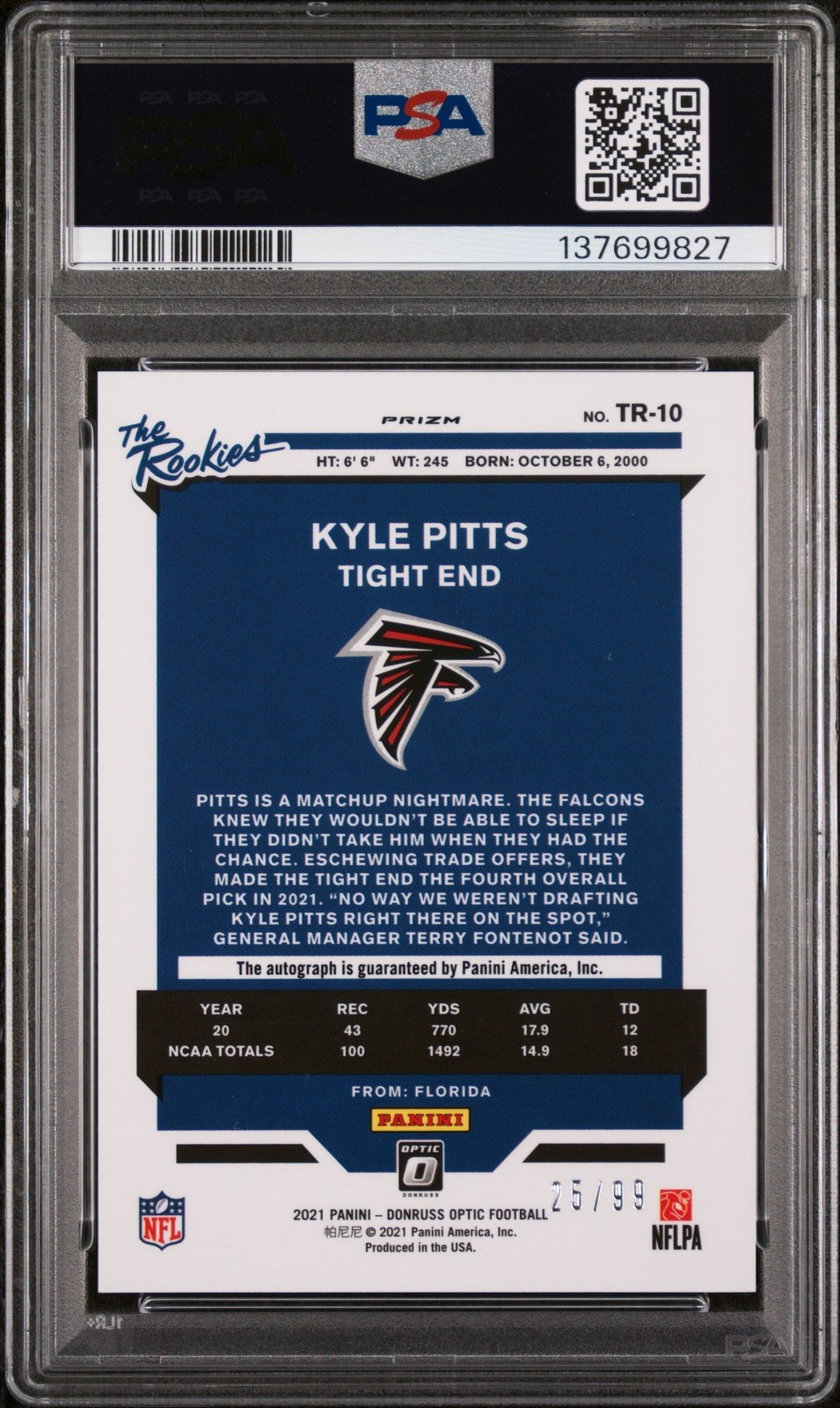 KYLE PITTS RC Auto 2021 Donruss Optic The Rookies PSA 8 25/99 Atlanta Falcons view 2