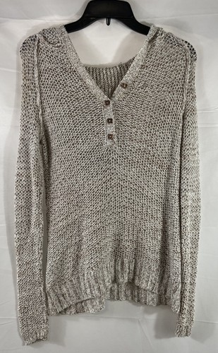 Free People Women's Hooded Henley Sweater Cream Tan Marled Chunky Knit Size M