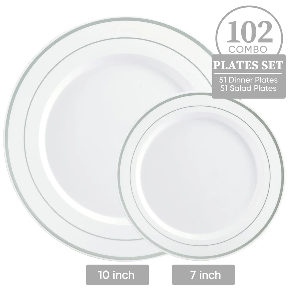 Juego de 102 platos de plástico plateado, 51 platos de cena desechables de alta resistencia y... Foto 2 de 4