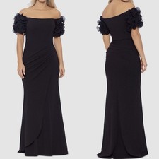 Xscape Women's Black Scuba Crepe Ruffled Off-The-Shoulder Gown Dress Size 12