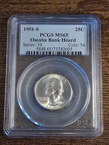 !!!! 90% Silver 1951 -S Washington Quarter PCGS MS 65 Omaha Bank Hoard !!!!
