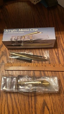 Vtg Acrylic Memo Clip Desk Set w/ Ball Pen & Letter Opener No. 2168 Hong Kong