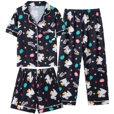 Girls Pajama Sets - 3pcs Button Down Short Sleeve Long Pants With Shorts Slee...