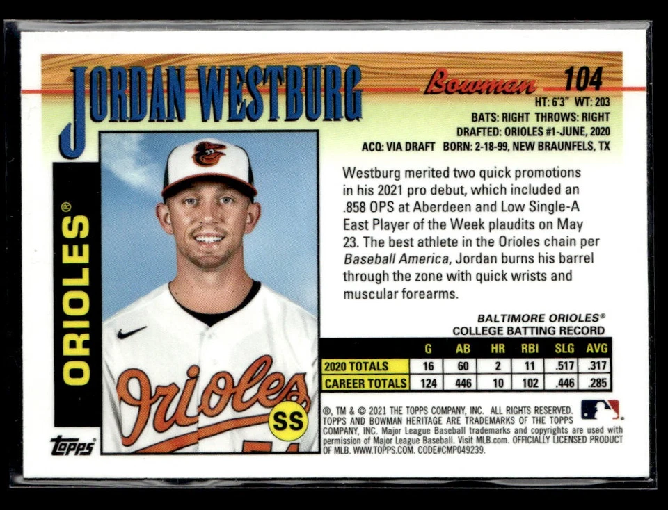 Jordan Westburg 2021 Bowman Heritage #104 Chrome Prospects Baltimore Orioles - Image 2 of 2