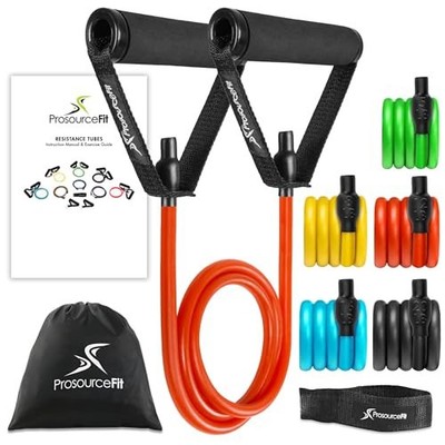 ProsourceFit Tube Resistance Bands Set 2 - 20 LB with Attached Handles, Door Anc