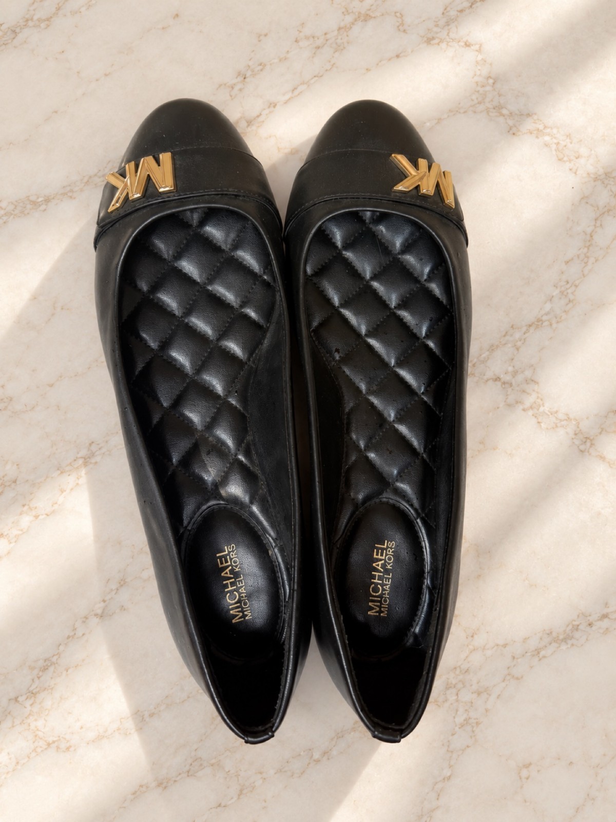 Michael Kors Black Ballet Flats with Gold MK Logo - Size 8.5/9