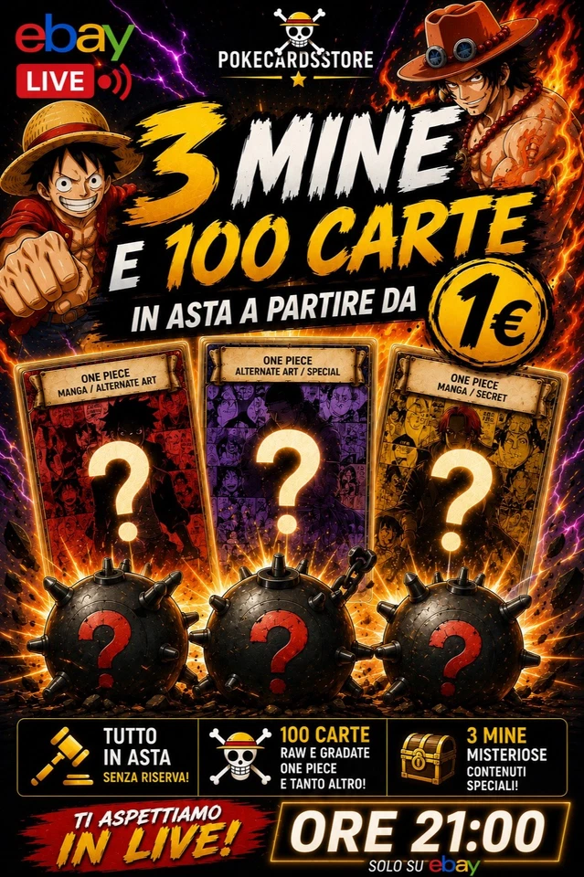 💣 3 Mine Misteriose, 100 carte One Piece in asta da 1€!