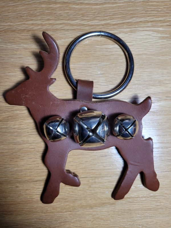Leather REINDEER DOOR CHIME Buck w/BRASS SLEIGH BELLS Made in USA 6.5" × 7" Tall