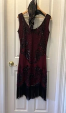 Metme Red and Black Beaded Sequin Y2K Dark Fairy Whimsigoth Flapper Dress Large